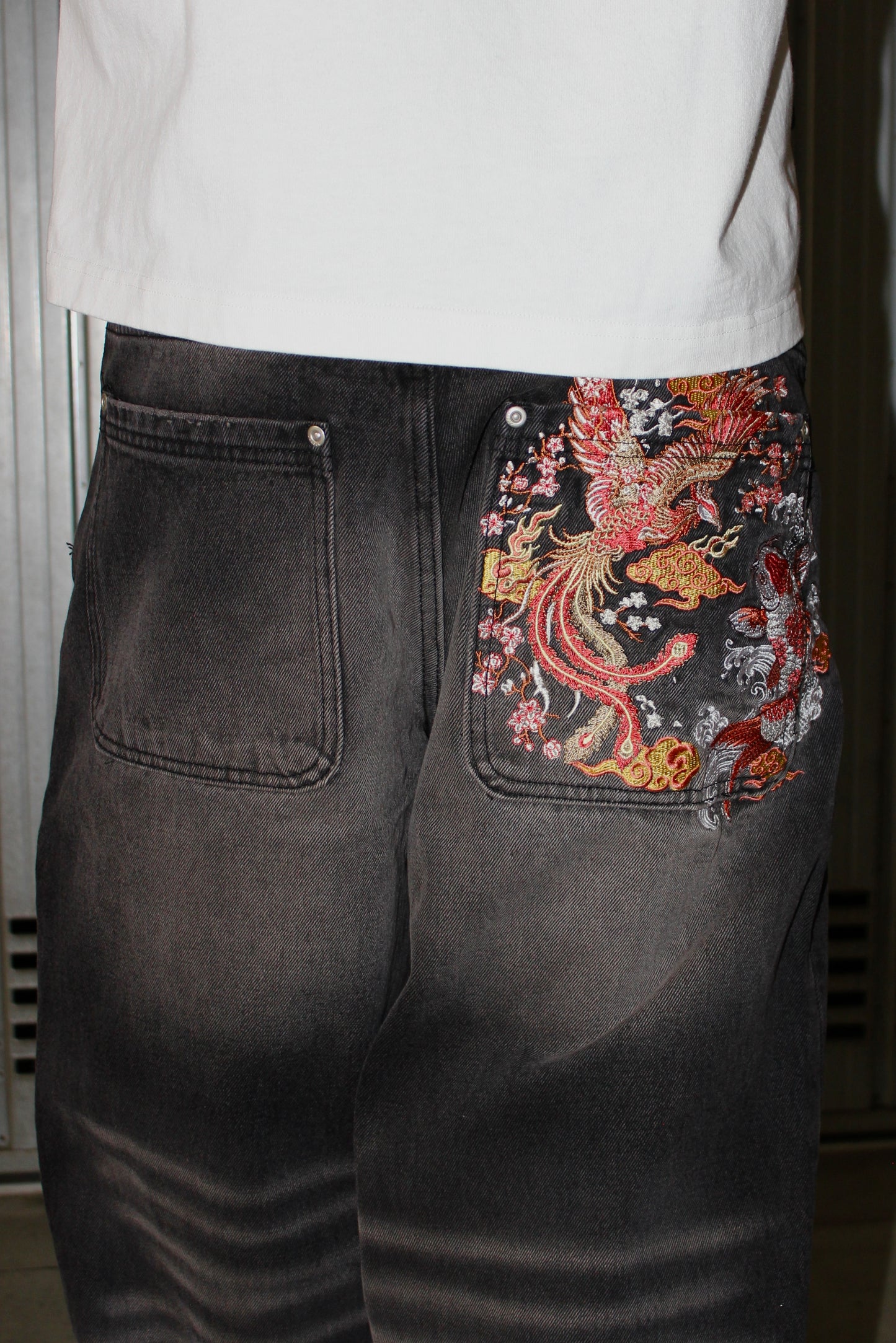 Baggy Embroidered Washed Grey Denim (Medium)