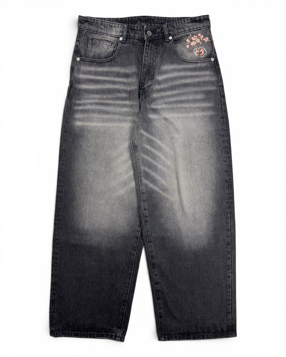 Baggy Embroidered Washed Grey Denim (Medium)